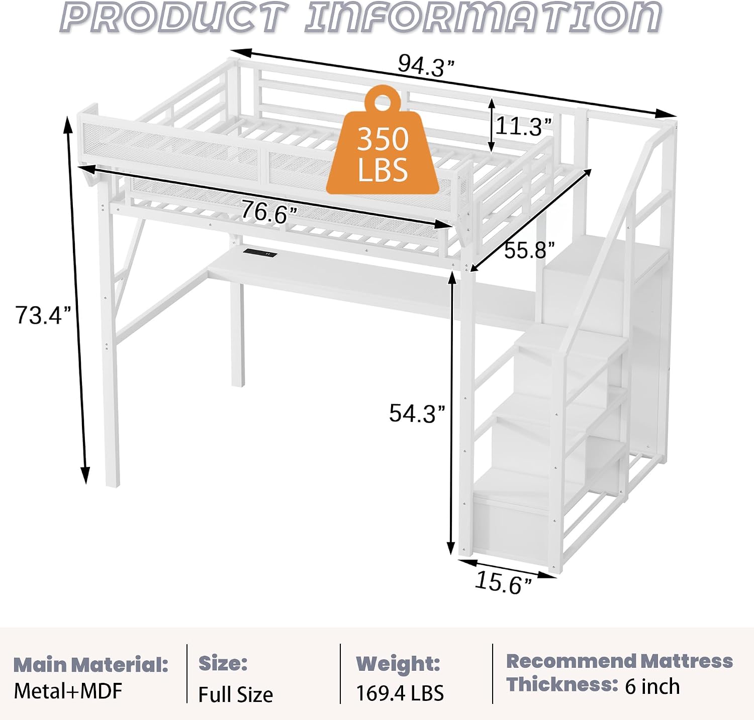 Metal Loft Bed with Desk and RGB LED Lights, Full Size Loft Bed with Stairs and Charging Station,Kids Loft Beds with Storage Shelves for Upper and Wardrobe,Loft Beds Frame for Kids Teens, White