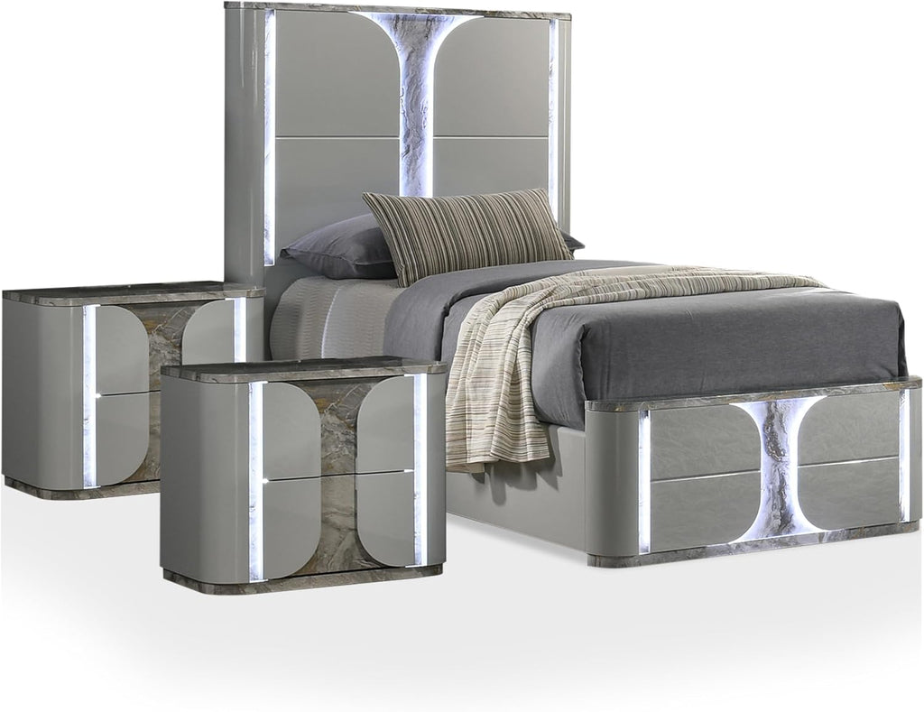 Furniture of America Bruna Modern Wood 3-Piece Bedroom Set with Touch-Control LED Bed, Felt-Lined Top Drawer and LED on Nightstands, No Box Spring Needed for Bedroom, Guest Room, Twin, Light Gray
