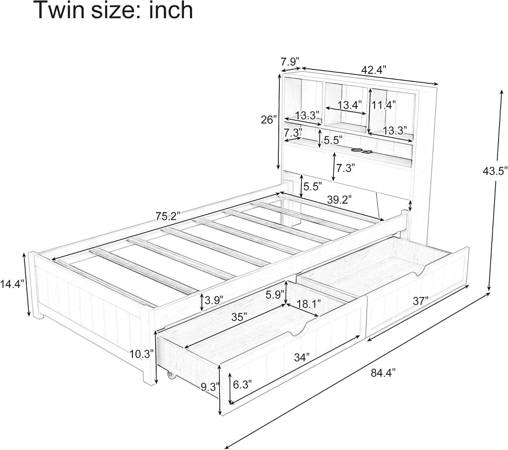 MERITLINE Twin Bed with Storage Headboard,Drawers,Charging Station and LED Lights, Wood Platform Bed with Storage Bookcase, No Box Spring Needed (Twin,Espresso)