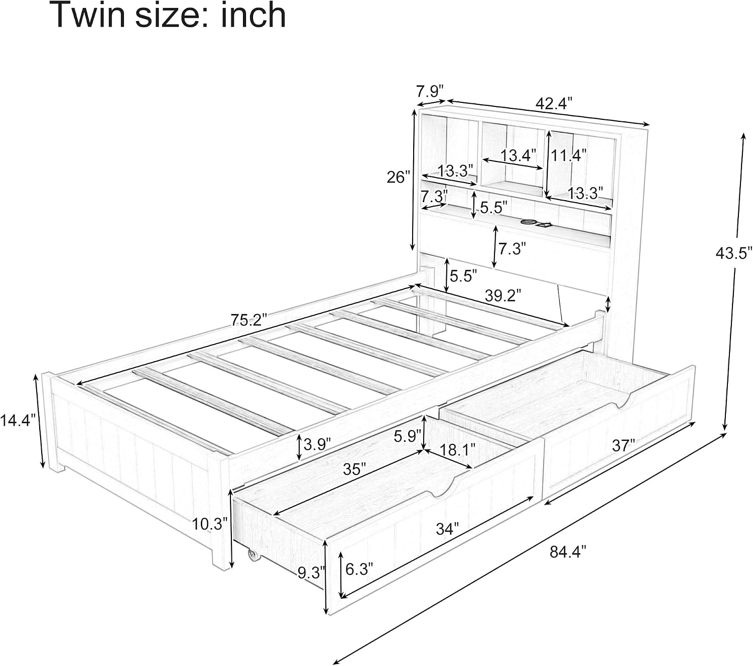 MERITLINE Twin Bed with Storage Headboard,Drawers,Charging Station and LED Lights, Wood Platform Bed with Storage Bookcase, No Box Spring Needed (Twin,Espresso)
