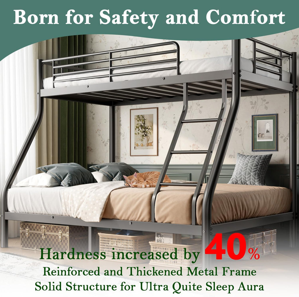 Bunk Beds Twin Over Full Size, Heavy Duty Bunk Beds with Bottom Space & Guardrail Metal Bunk Bed Frame for Adults Dorm Bedroom Guest Room, No Box Spring Needed（Upgrate Black）