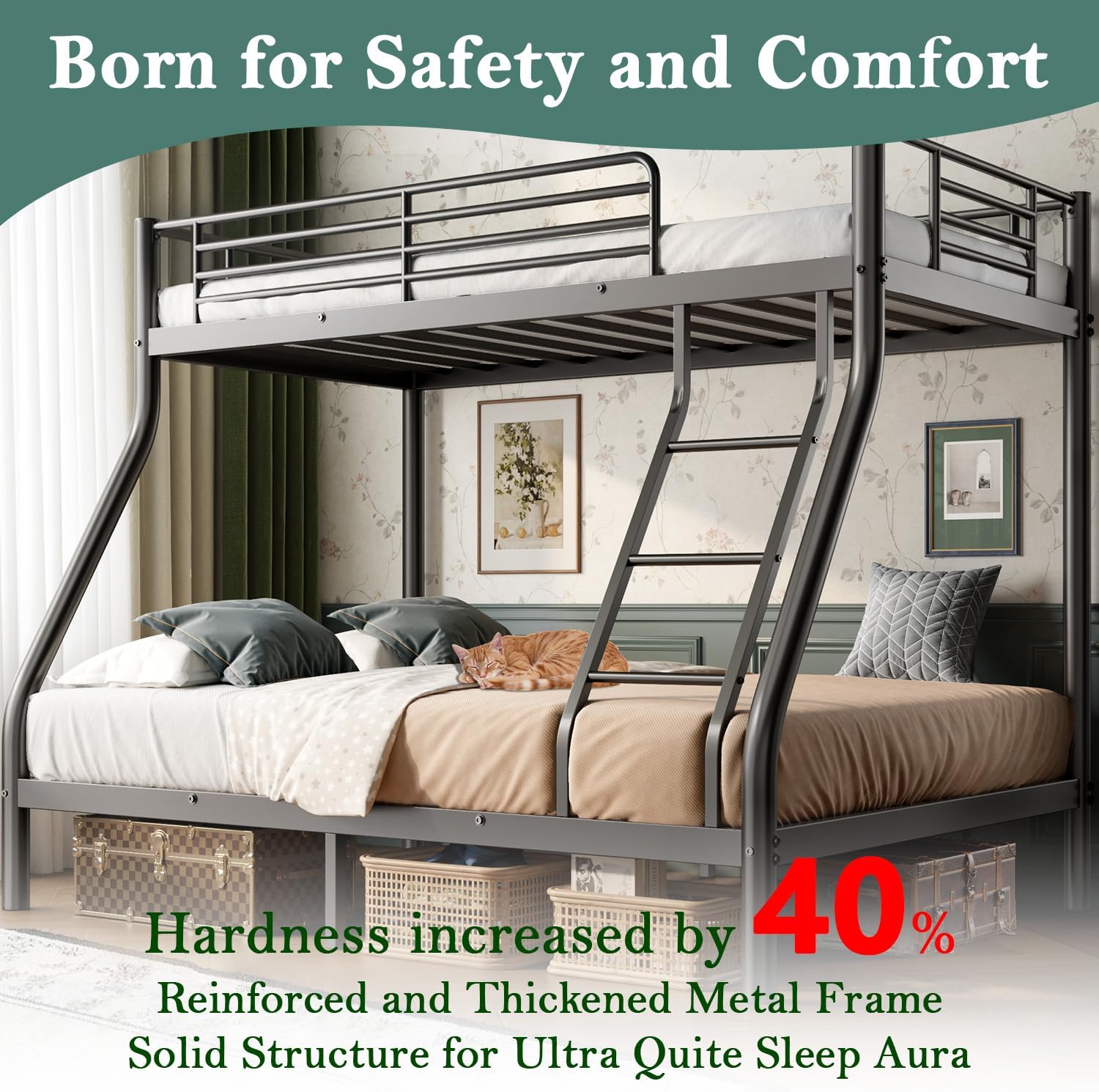 Bunk Beds Twin Over Full Size, Heavy Duty Bunk Beds with Bottom Space & Guardrail Metal Bunk Bed Frame for Adults Dorm Bedroom Guest Room, No Box Spring Needed（Upgrate Black）