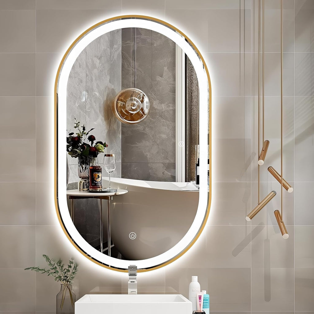 40'x24' Oval LED Bathroom Mirror with Lights, Gold Anti Fog Lighted Vanity Mirror Wall Mounted, LED Oval Mirror with 3 Colors, Memory, ShatterProof, Front/Backlit, Horizontal/Vertical