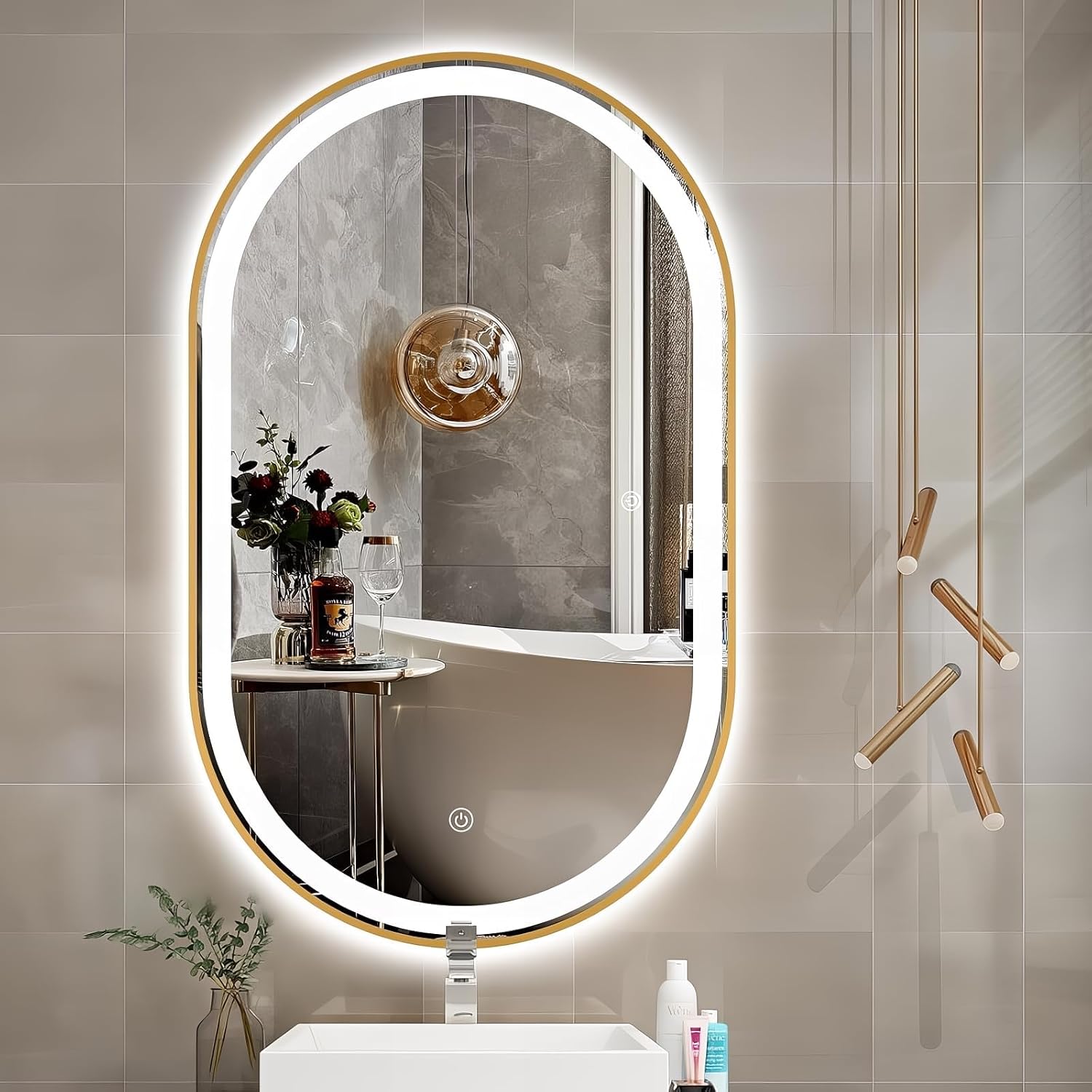 40'x24' Oval LED Bathroom Mirror with Lights, Gold Anti Fog Lighted Vanity Mirror Wall Mounted, LED Oval Mirror with 3 Colors, Memory, ShatterProof, Front/Backlit, Horizontal/Vertical