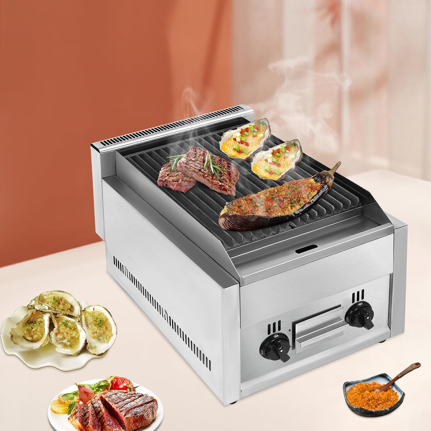 Commercial Radiant Broiler, Heavy Duty Stainless Steel LPG Propane Gas Countertop Charbroilers Flattop BBQ, 2 Burner Outdoor Indoor Barbecue Grill for Restaurant Home Use