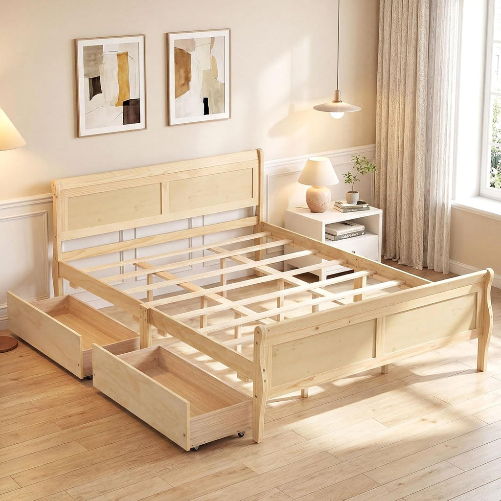 Giantex Queen Bed Frame with 2 Storage Drawers, Wood Platform Bed w/Headboard & Footboard, Wooden Slats Support Mattress Foundation, Sleigh Bedframe for Teens Adults, No Box Spring Needed (Natural)