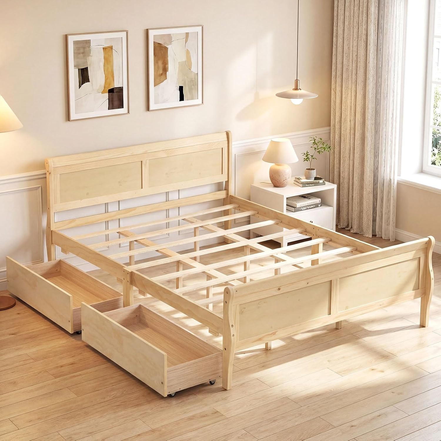 Giantex Queen Bed Frame with 2 Storage Drawers, Wood Platform Bed w/Headboard & Footboard, Wooden Slats Support Mattress Foundation, Sleigh Bedframe for Teens Adults, No Box Spring Needed (Natural)