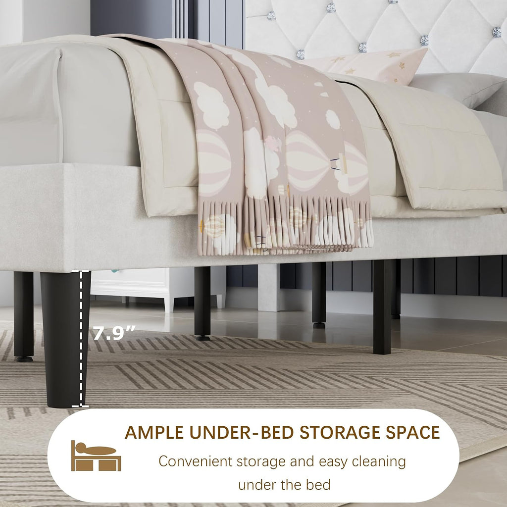 VECELO Twin Size Bed Frame with Diamond Tufted Headboard, Upholstered Platform Bedframe with Wood Slat Support, No Box Spring Needed, Velvet & White