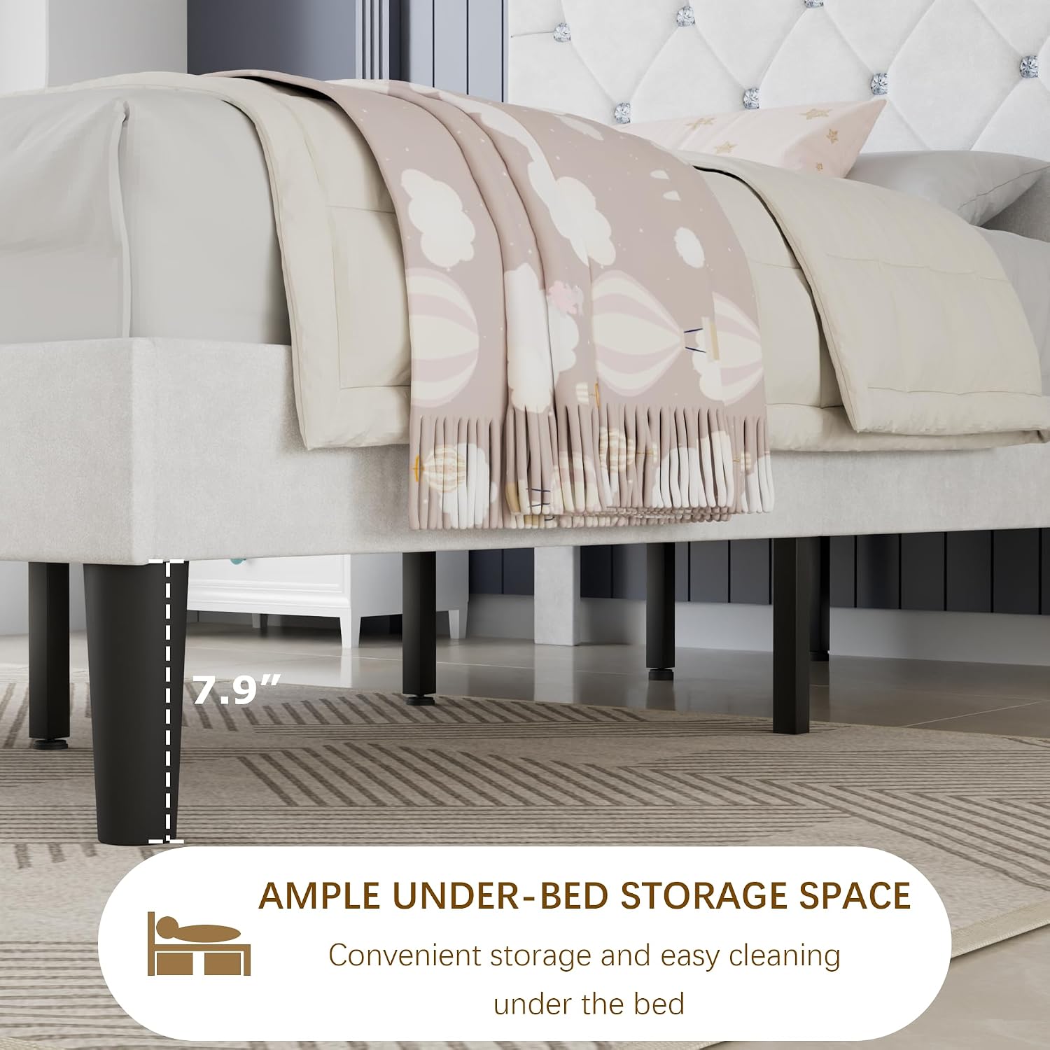 VECELO Twin Size Bed Frame with Diamond Tufted Headboard, Upholstered Platform Bedframe with Wood Slat Support, No Box Spring Needed, Velvet & White
