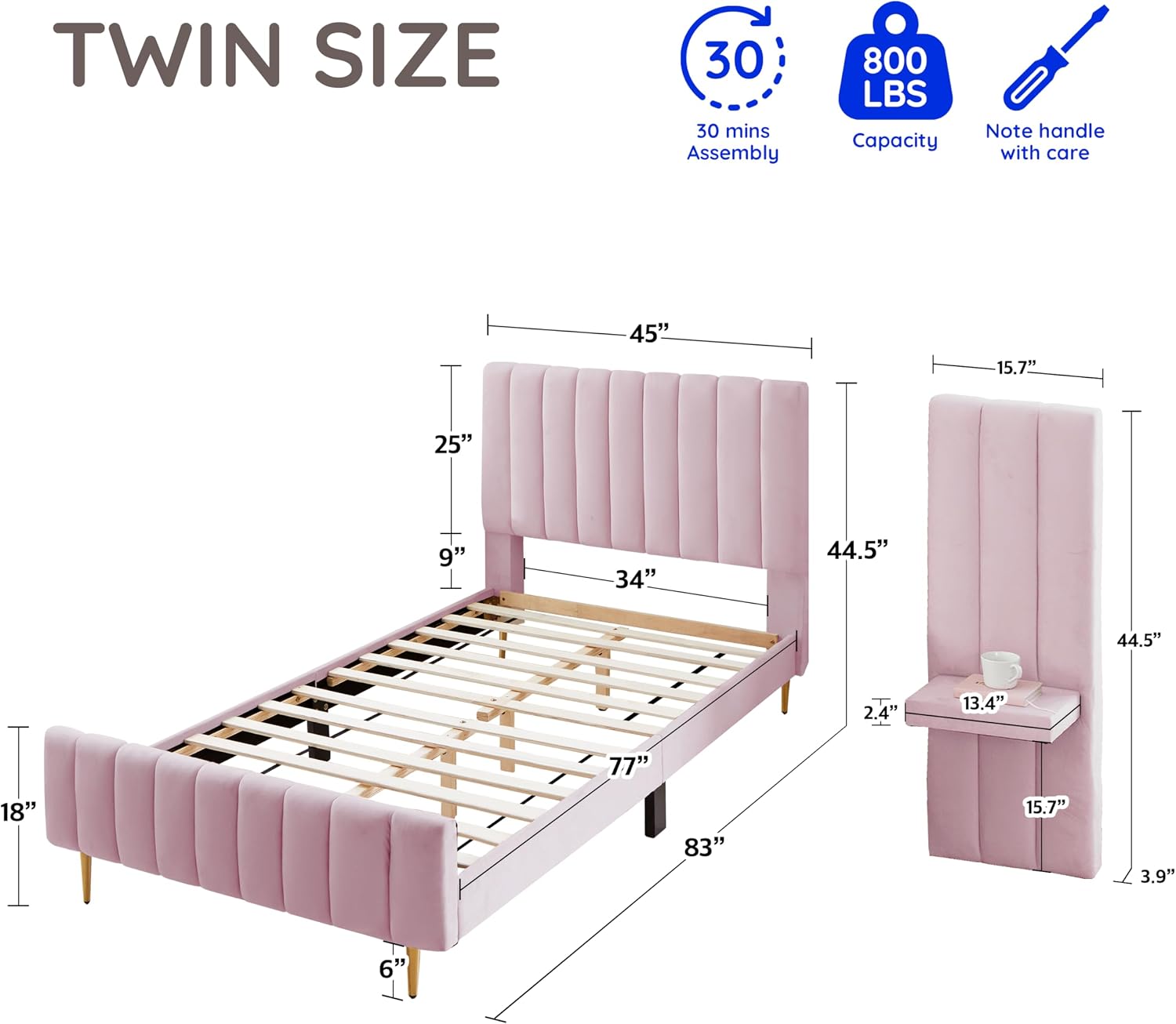 Livinia Twin Size Elton Velvet Platform Bed Set, Upholstered Bed Frame with Vertical Channel Tufted Headboard Footboard with Side Panel Nightstand, No Box Spring Needed, Pink (Twin)