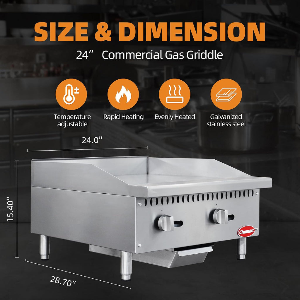 24' Commercial Countertop Griddle, 2 Burners Gas Griddle, 60000 BTU Output, Stainless Steel Flat Top Grill Hot Plate with Natural Gas and Propane Conversion Kit for Restaurant, Food Truck
