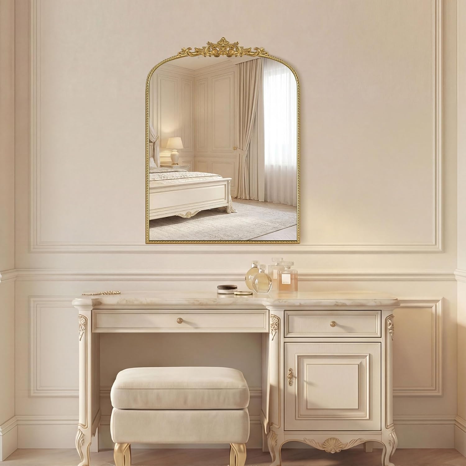 Gold Vintage Mirror 24x32 Inch, Laurel Leaf Ornate Beaded Frame Vertical Vanity Mirror, Antique Decorative Mirror for Bathroom, Bedroom, Entryway, Living Room