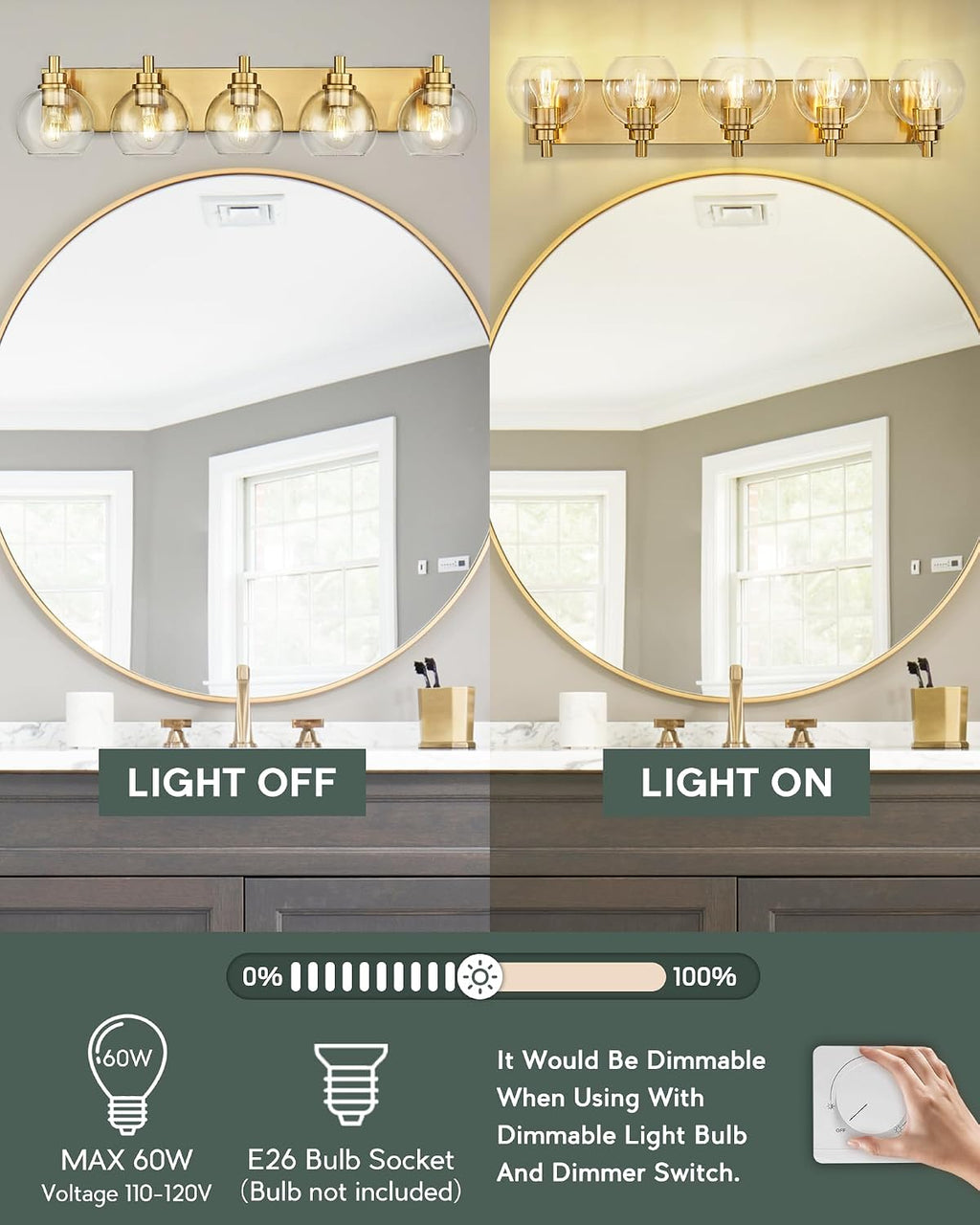 Bathroom Light Fixtures, 5 Light Brushed Gold Vanity Light, 32 Inch Modern Wall Sconces with Globe Clear Glass Shade, Vanity Lighting Fixtures Over Mirror, VL195-BG-CL-5