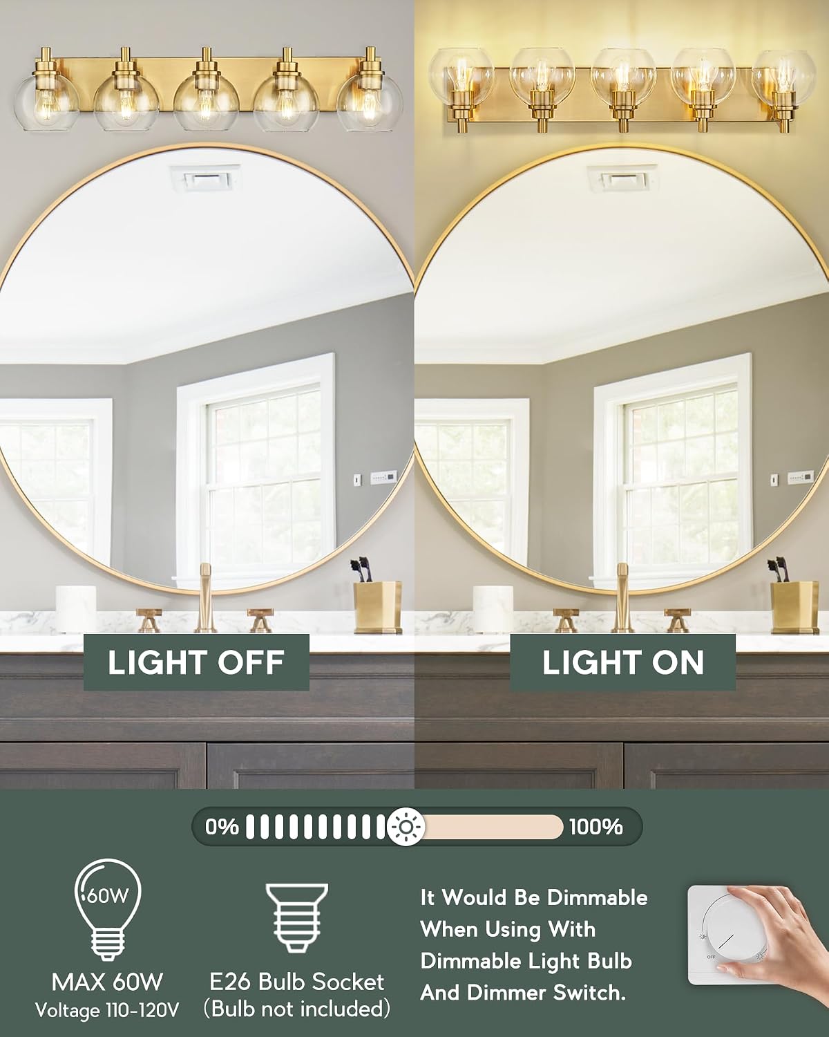 Bathroom Light Fixtures, 5 Light Brushed Gold Vanity Light, 32 Inch Modern Wall Sconces with Globe Clear Glass Shade, Vanity Lighting Fixtures Over Mirror, VL195-BG-CL-5