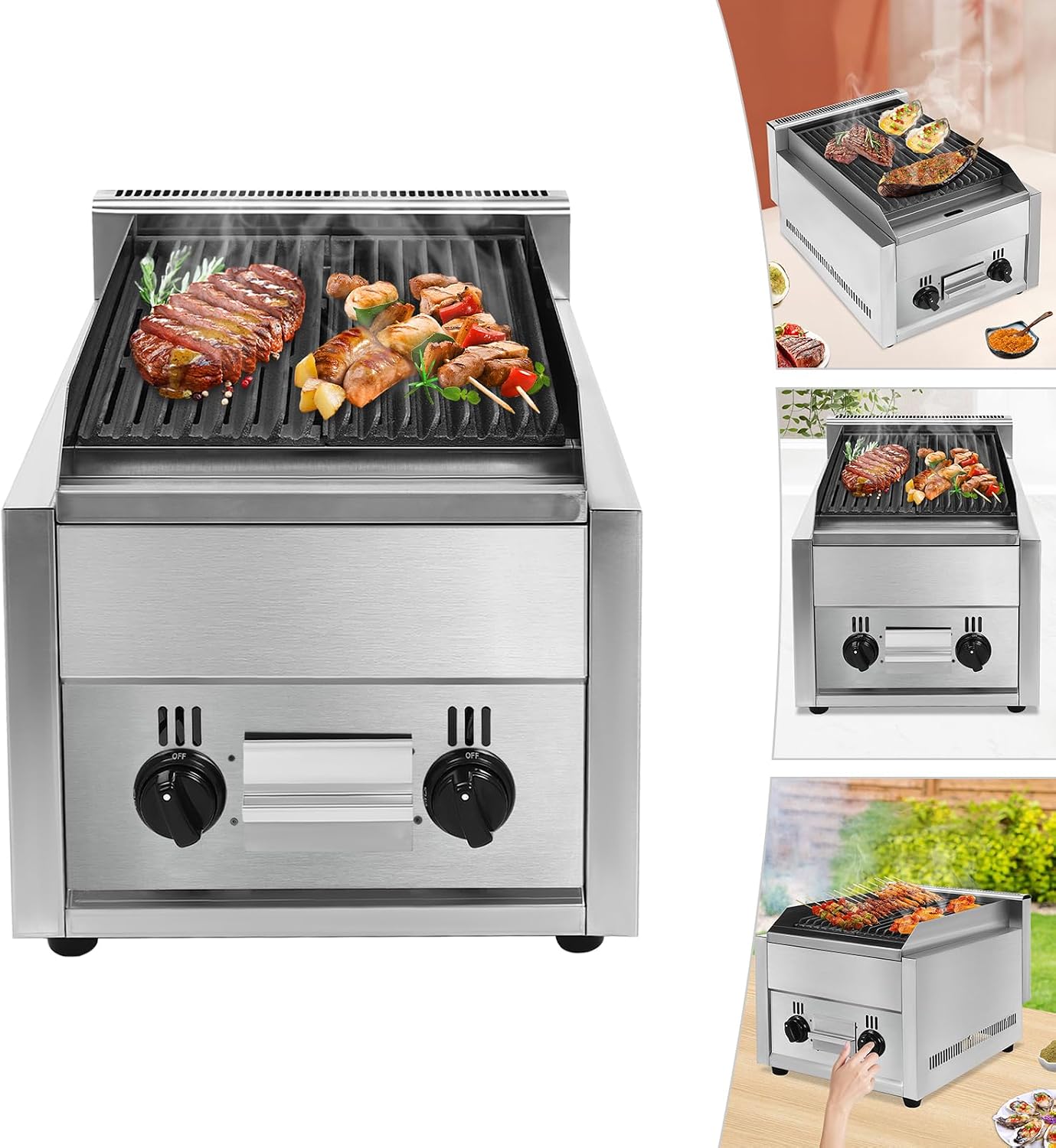 Commercial Gas Grills 2 Hearth Gas and Propane Flat Top Grills Natural Gas/Propane Gas Radiant Grills Countertop Char Broiler Grills with Adjustable Temperature For Garden Patios