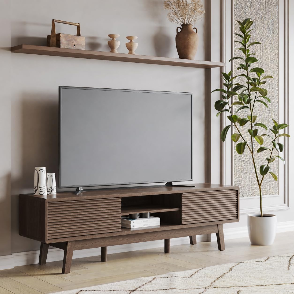 TOLEAD 59' TV Console, Mid Century Modern TV Stand for 55/60/65 Inch TV, Low Profile Media Console with Fluted Sliding Doors, Boho Wood Credenza for Living Room, Walnut