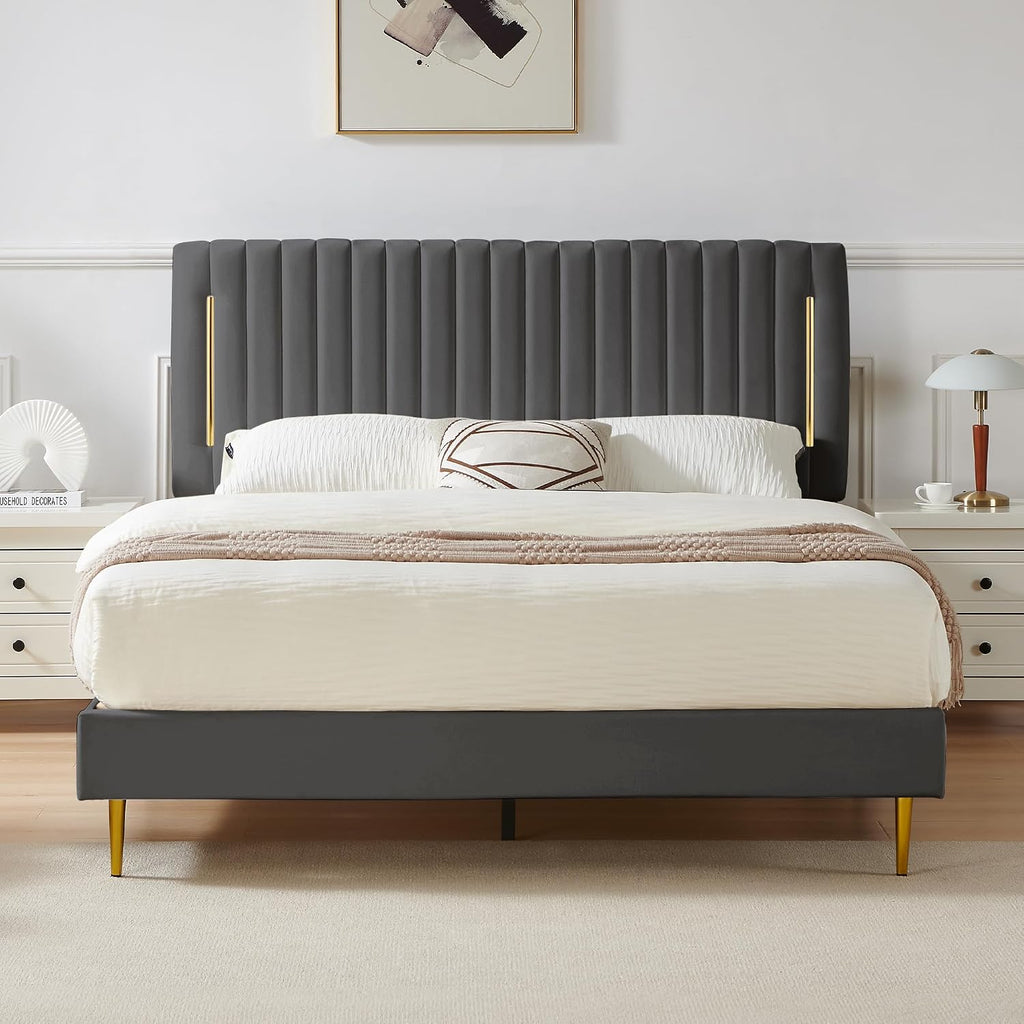 Furnify King Platform Bed Frame, Velvet Upholstered Bedframe with Vertical Channel Adjustable Headboard, Golden Plating Trim, Mattress Foundation with Wooden Slats, No Box Spring Needed, Grey