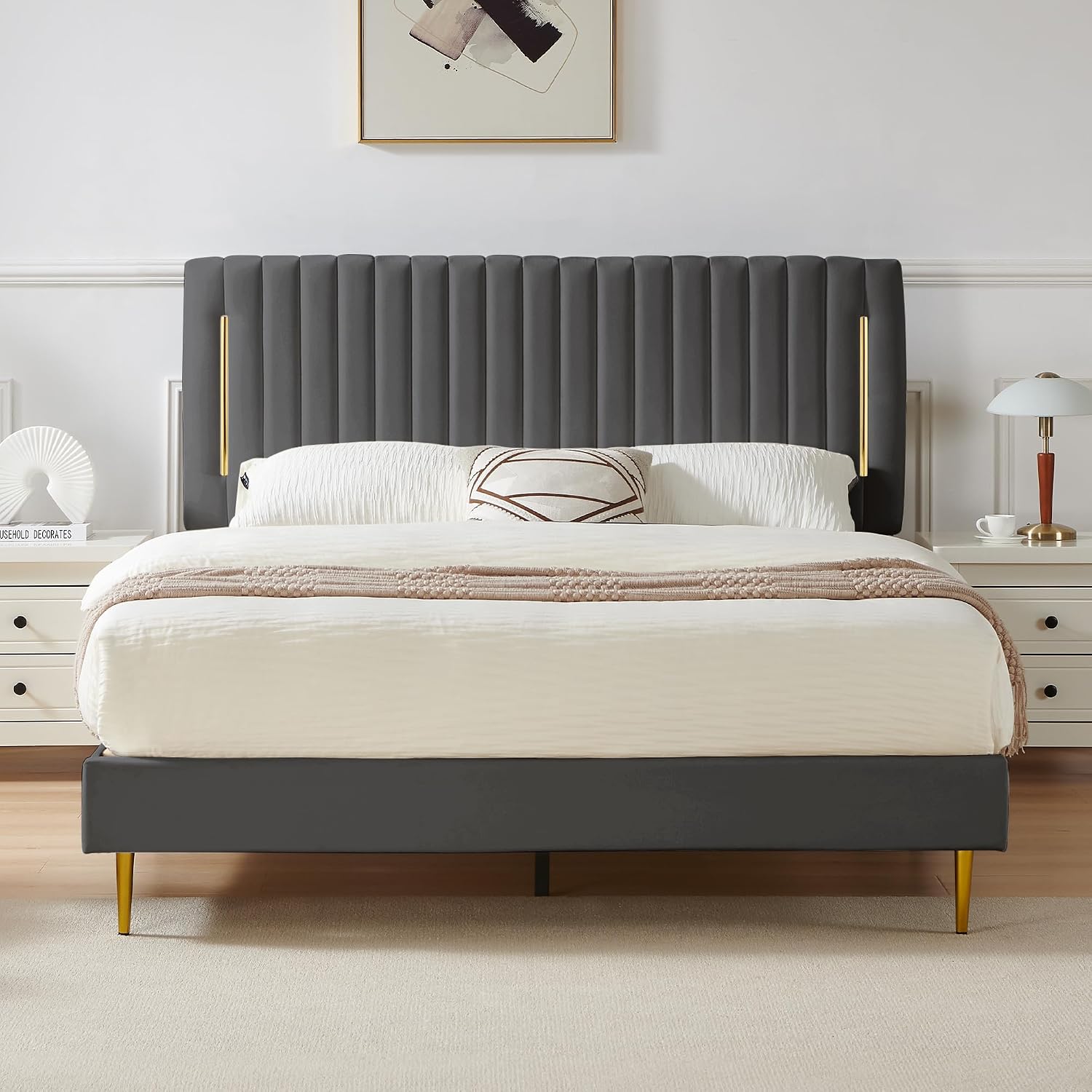 Furnify King Platform Bed Frame, Velvet Upholstered Bedframe with Vertical Channel Adjustable Headboard, Golden Plating Trim, Mattress Foundation with Wooden Slats, No Box Spring Needed, Grey