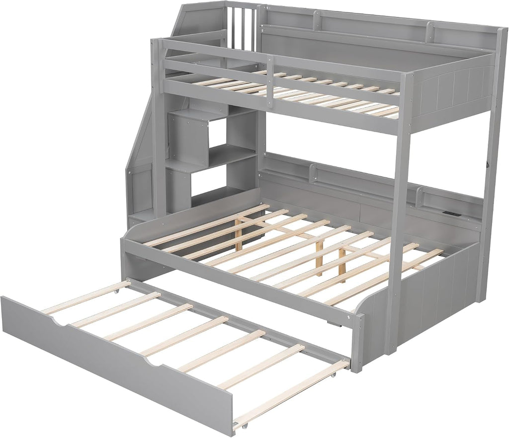 Twin Over Full Bunk Bed with Storage Staircase and Trundle,Storage Shelves, LED and USB,for Kids Teens Adults Bedroom Use (Grey-USB, Twin Over Full)