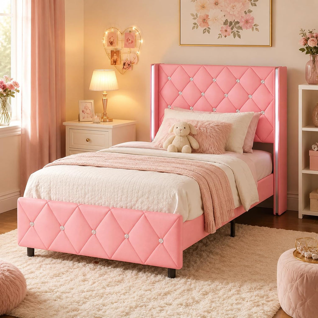 HOMBCK Twin Bed Frame with Headboard, Faux Leather Upholstered Bed with Diamond Tufted Design, Girls' Twin Bed Frames for Kids, No Box Spring Required, Easy Assembly, Pink