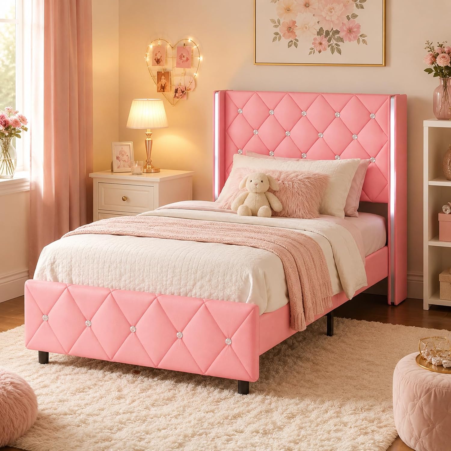 HOMBCK Twin Bed Frame with Headboard, Faux Leather Upholstered Bed with Diamond Tufted Design, Girls' Twin Bed Frames for Kids, No Box Spring Required, Easy Assembly, Pink