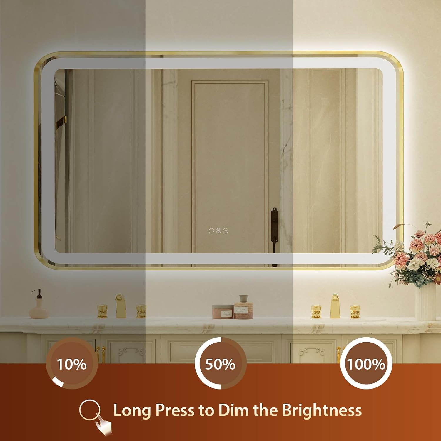 36x60 Inch LED Bathroom Mirror with Gold Frame,Front and Backlit Vanity Mirror, Stepless Dimmable Wall Mirrors with Anti-Fog, 3 Colors, Memory, Waterproof, LED Smart Bathroom Mirror