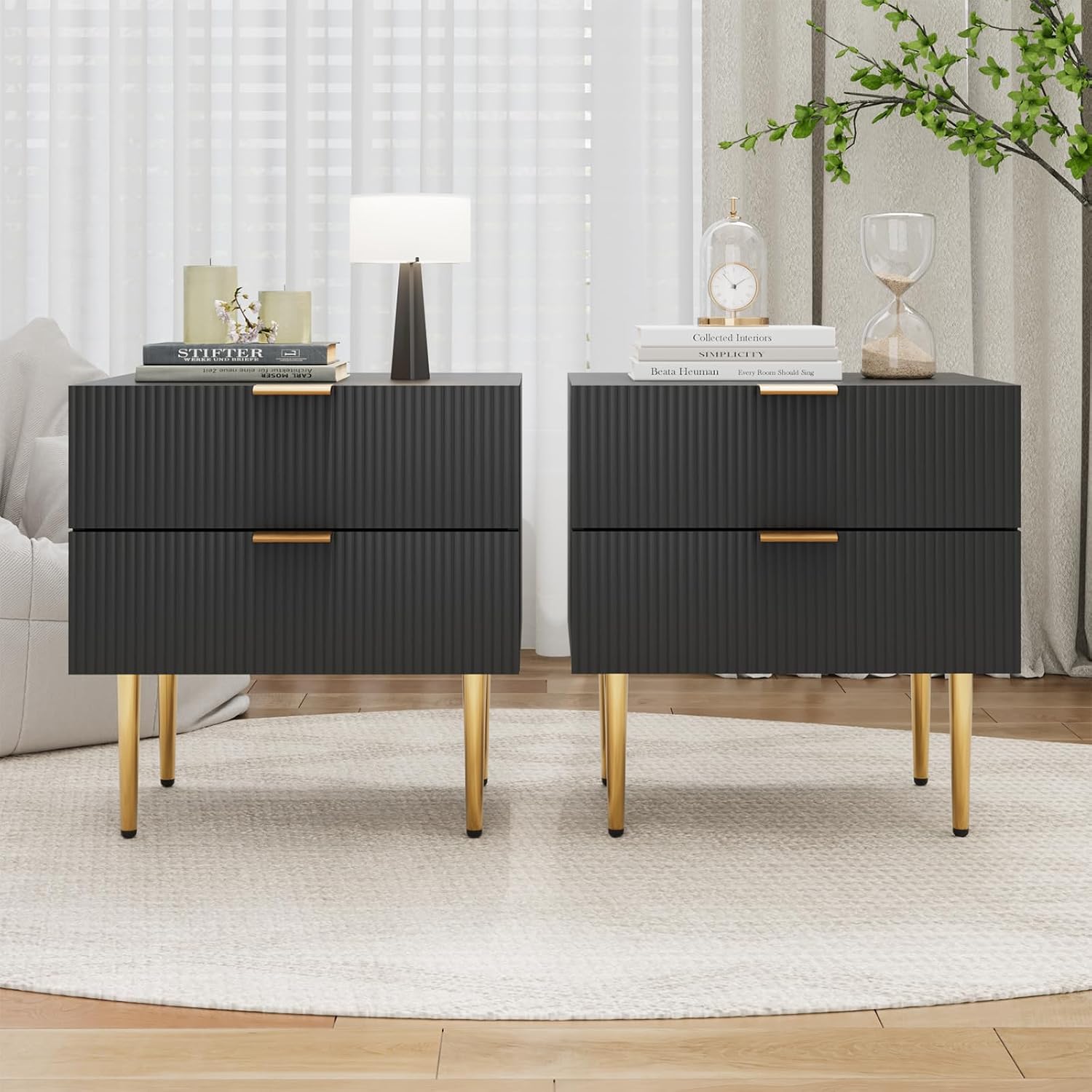 Smart FENDEE Set of 2 Nightstand, Black Mid Century Modern Night Stand with Fluted Panel, Bedside Table with 2 Drawer, Large NightStand with Gold Leg for Bedroom