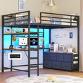 DICTAC Full Loft Bed with U-Shaped Desk,7 Storage Drawers and Charging Station,Metal Full Size Loft Bed with Led Lights and 2-Tier Storage Shelves,Teen loft Beds with Safety Guardrail & Stairs,Black