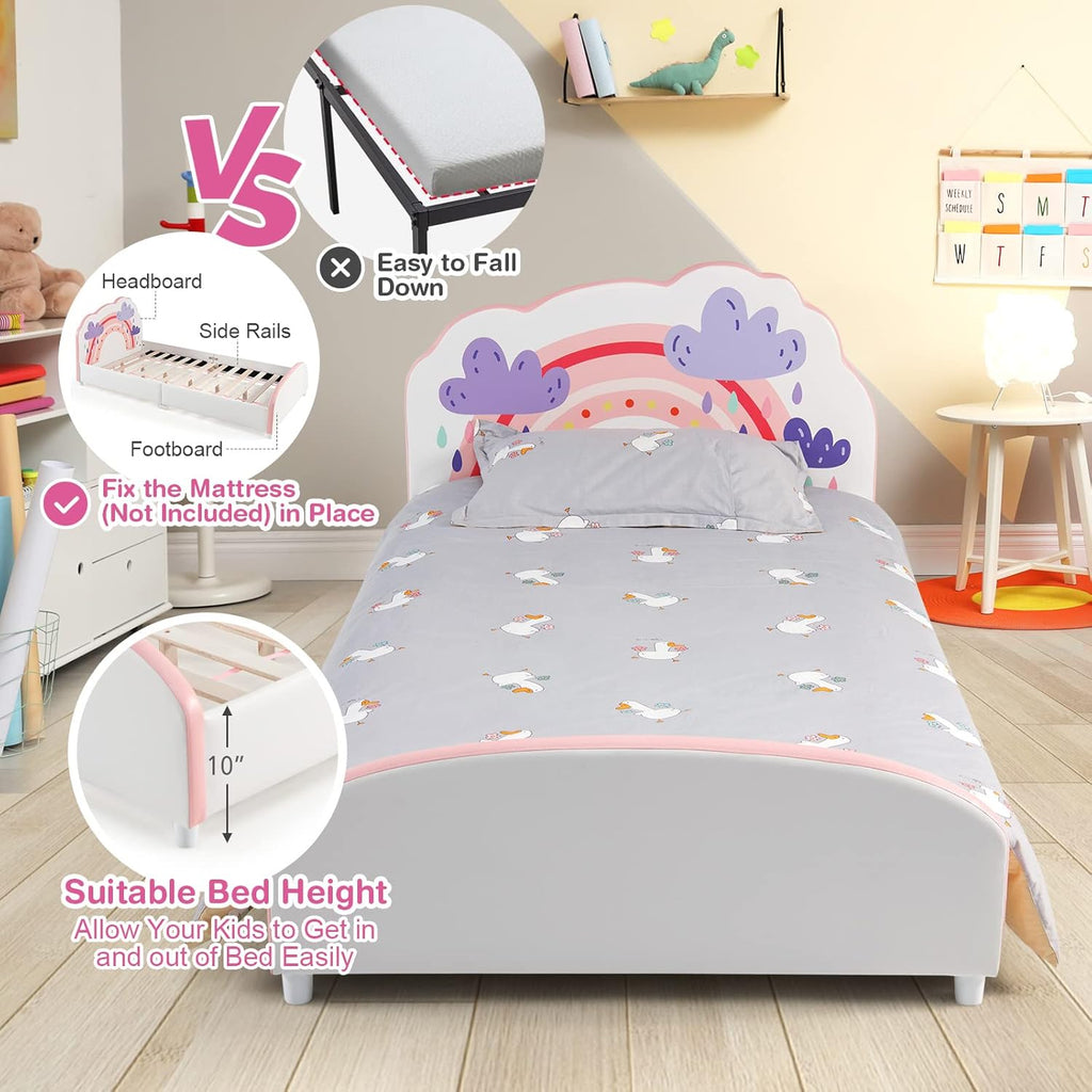 Costzon Twin Bed Frames for Kids, Wood Upholstered Twin Bed Platform with Slat Support, Padded Headboard&Footboard, No Box Spring Needed, Easy Assembly, Fits Standard Twin Mattress (Cloud)