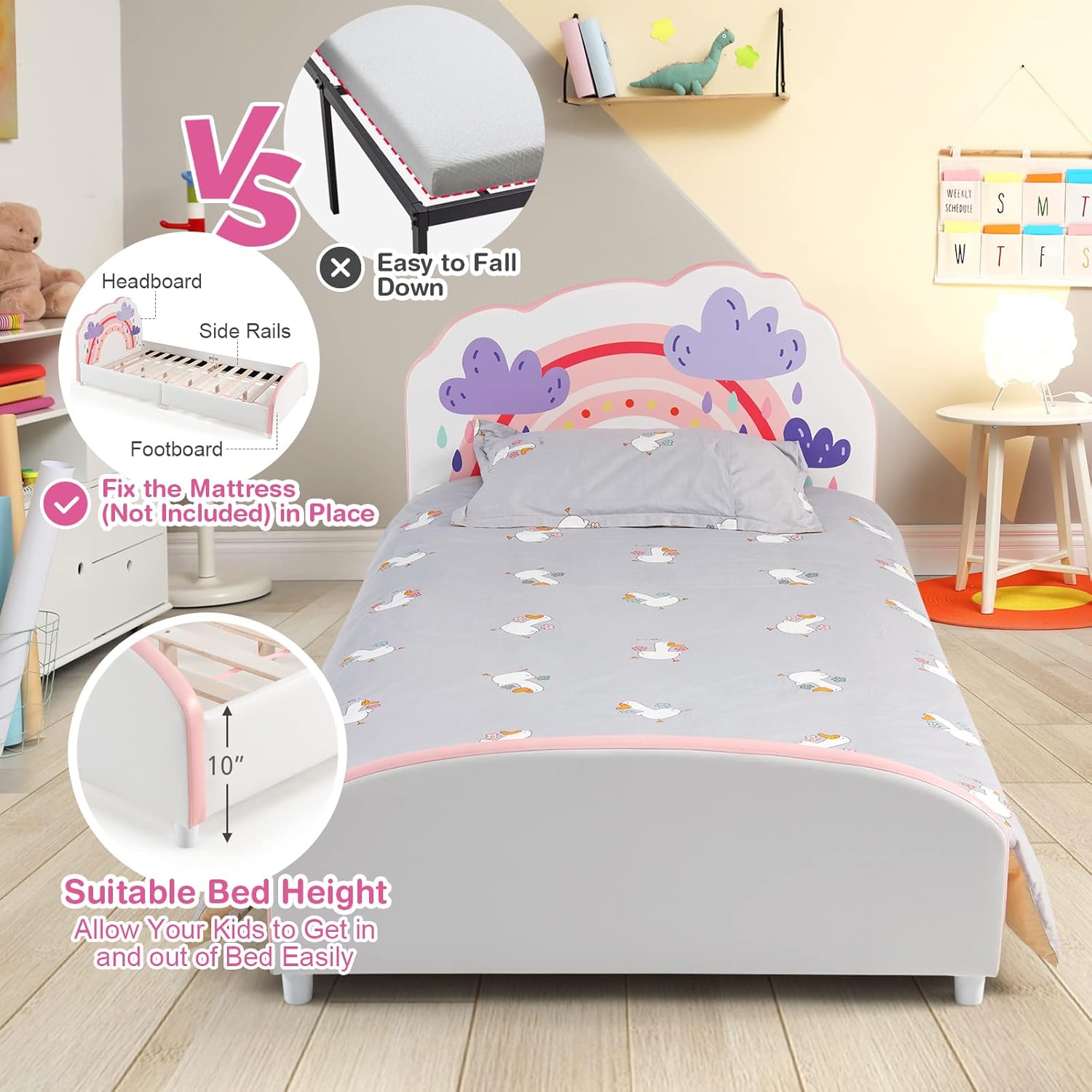Costzon Twin Bed Frames for Kids, Wood Upholstered Twin Bed Platform with Slat Support, Padded Headboard&Footboard, No Box Spring Needed, Easy Assembly, Fits Standard Twin Mattress (Cloud)