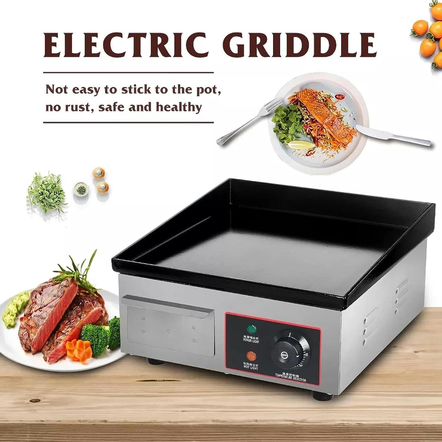 220V Commercial Electric Griddle, 3000W Non-Stick Flat Top Teppanyaki Stainless Steel Grill, Adjustable Thermostatic Control