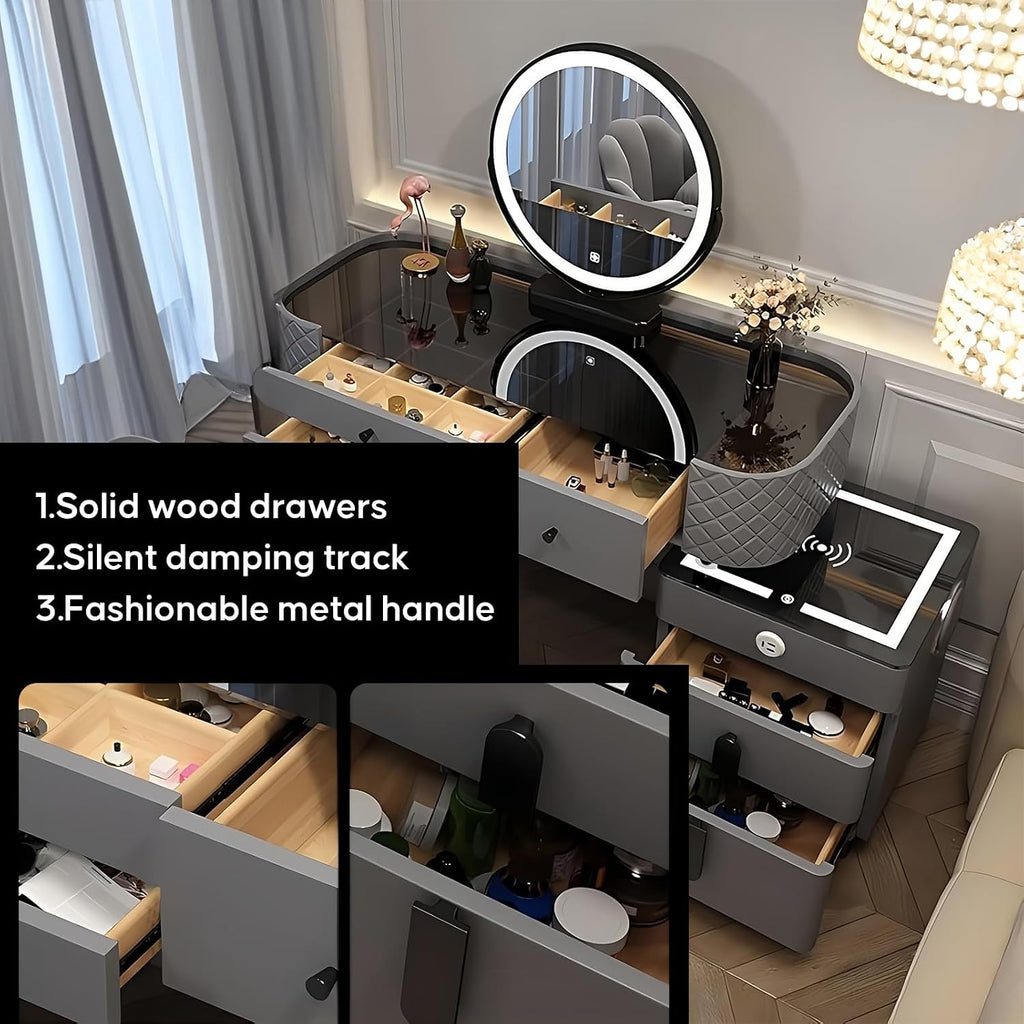 Vanity Desk, Simple Vanities with Chair and Side Cabinet with Drawers, Modern Dressing Table with LED Smart Round Mirror and Tempered Glass Countertop, Solid Wood Bedroom Makeup Vanity (Grey,47')