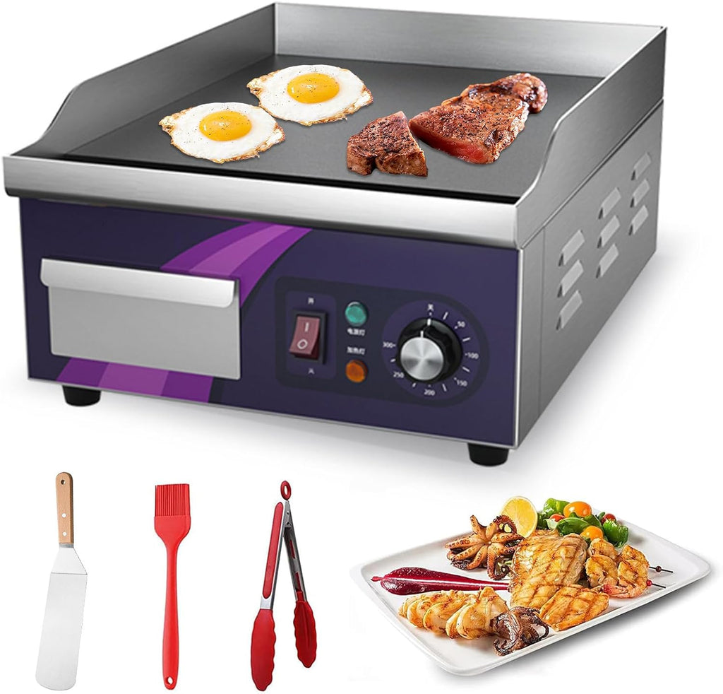Commercial Griddle Electric 14', Electric Countertop Flat Top Griddle 2000W Non-Stick Stainless Steel Restaurant Grill for Kitchen Adjustable Temperature Control 122°F-572°F
