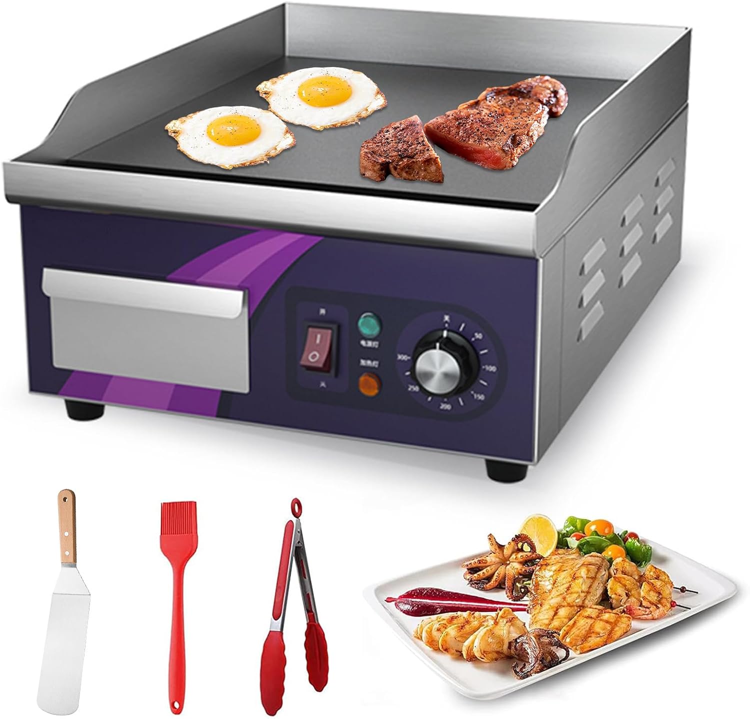 Commercial Griddle Electric 14', Electric Countertop Flat Top Griddle 2000W Non-Stick Stainless Steel Restaurant Grill for Kitchen Adjustable Temperature Control 122°F-572°F