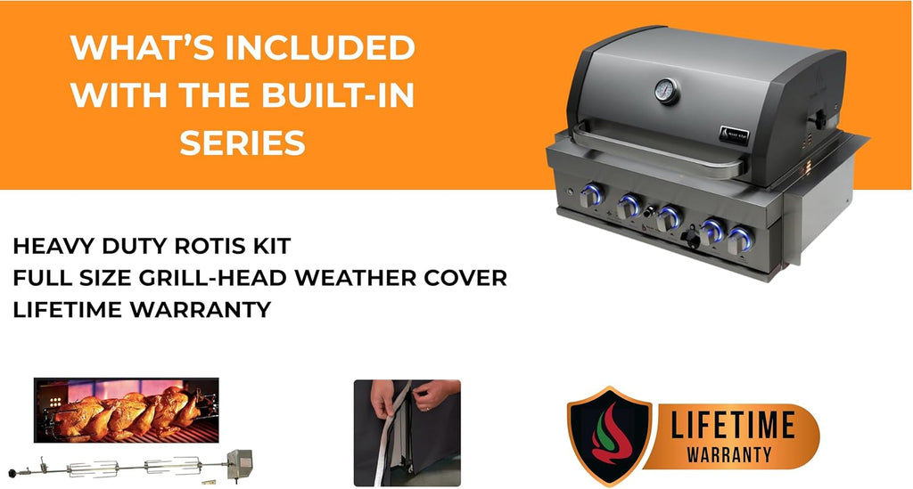 Mont Alpi Premium 32'W x 23'D x 21'H Black Stainless Steel 4-Burner Built-in BBQ Gas Grill Head with Infrared Rear Burner + Rotisserie Kit + Outdoor Rated Refrigerator + Charcoal Tray + Griddle Plate