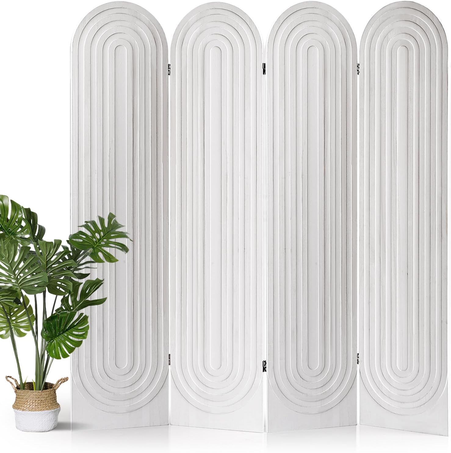 4 Panel Room Divider and Folding Privacy Screen, Foldable Wood Arched Room Divider Wall, Portable Partition Screen, Room Partition Divider for Room Separation for Home Office Bedroom, White