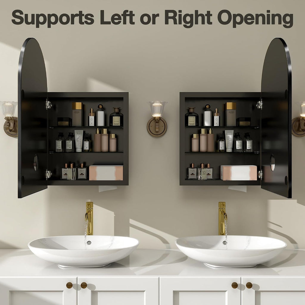 Arched Medicine Cabinet Mirror No Assembly Needed Bathroom Mirror with Storage Recessed or Surface Mount Options (Black, 31.5' L x 19.7' W)