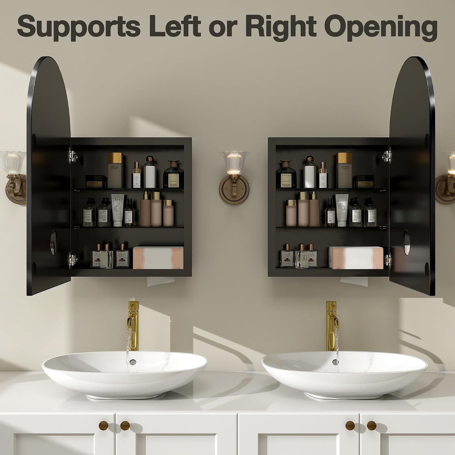 Arched Medicine Cabinet Mirror No Assembly Needed Bathroom Mirror with Storage Recessed or Surface Mount Options (Black, 31.5' L x 19.7' W)