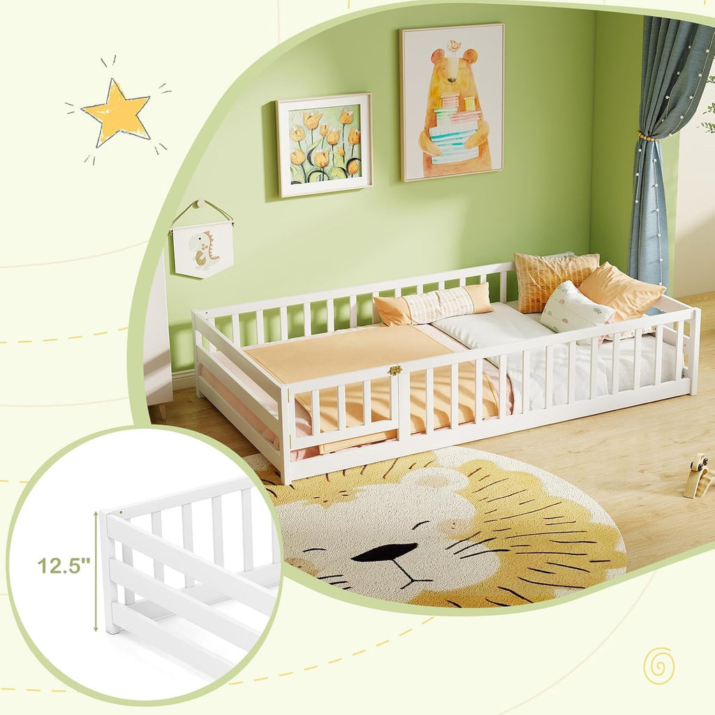 KOMFOTT Twin Size Wood Floor Bed with Door & Fence, Montessori Bed Frame with Full Length Safety Guardrails, Door & Latch, Wooden Montessori Floor Bed for Kids, Girls, Boys (White, Twin)