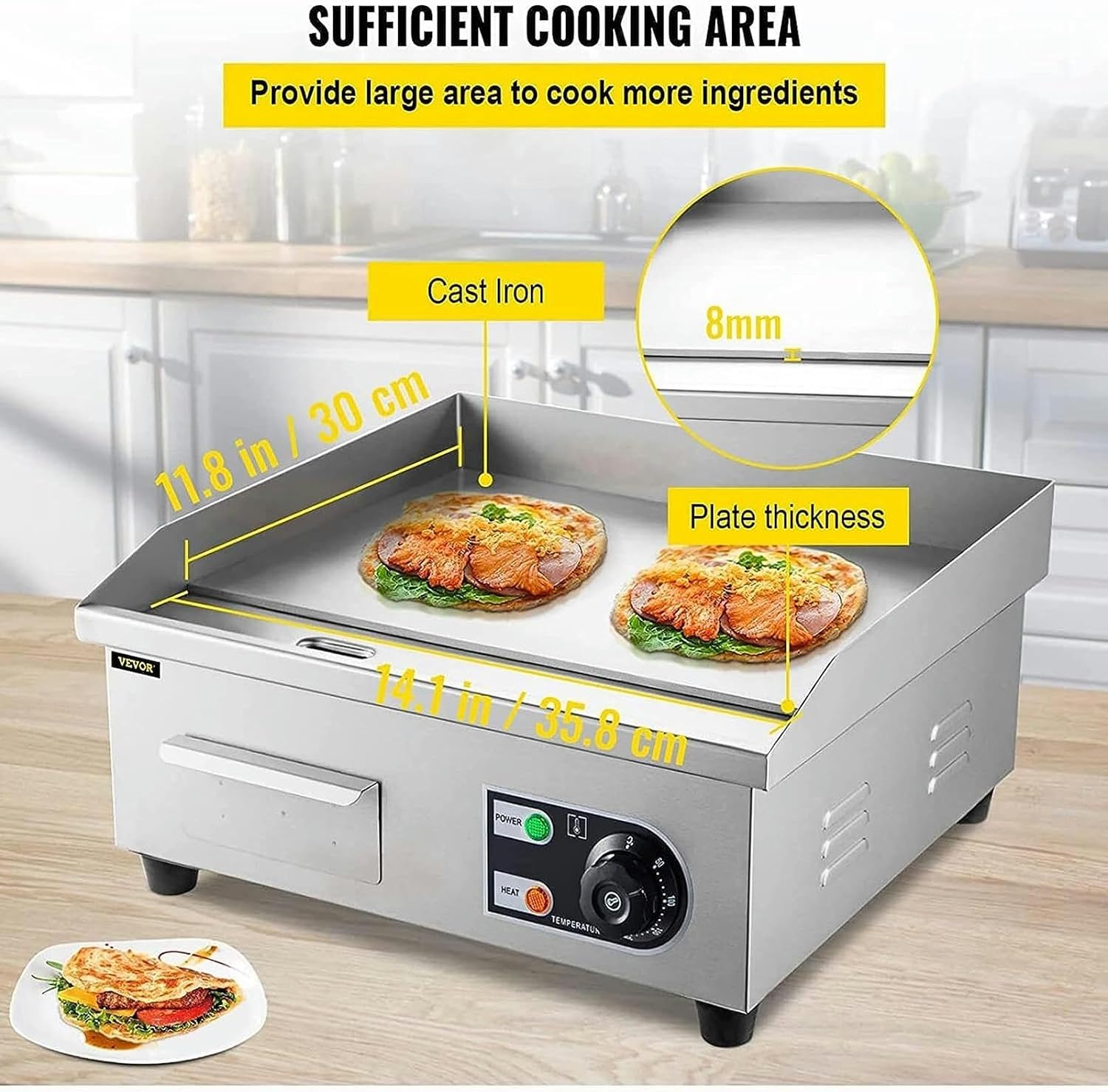 Commercial Electric Griddle 1500W Non-Stick Teppanyaki Grill with Adjustable Temperature Control 122°F-572°F, Flat Top Grill for Kitchen & Restaurant