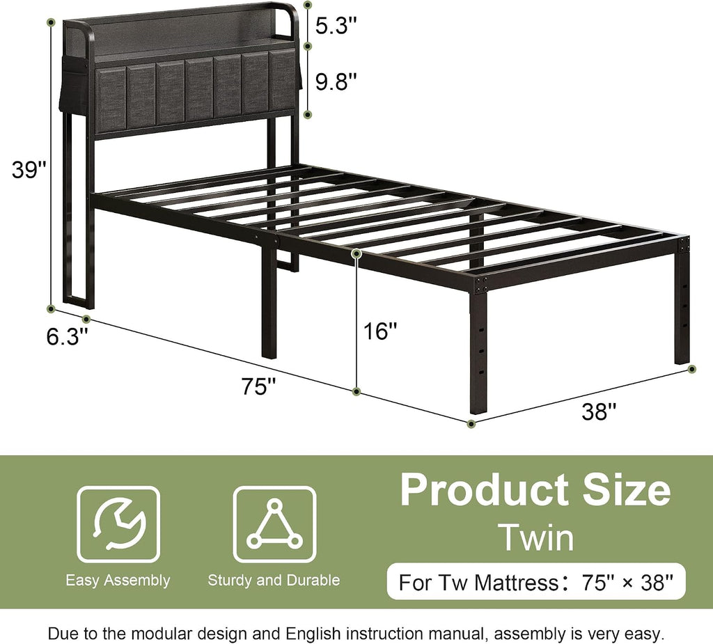 Lutown-Teen 16 Inch Twin Bed Frames with Upholstered Storage Headboard, Heavy Duty Twin Platform Bed No Box Spring Needed, Noise Free, Easy Assembly, Gray