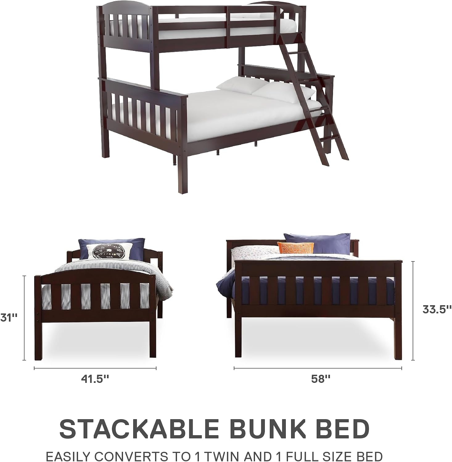 DHP Airlie Convertible Wood Bunk Bed Twin Over Full Size, Stackable and Detachable Bed Frames for Kids, Teens, Angled Ladder, High Guardrail, Wood Slats, No Boxspring Required, Espresso