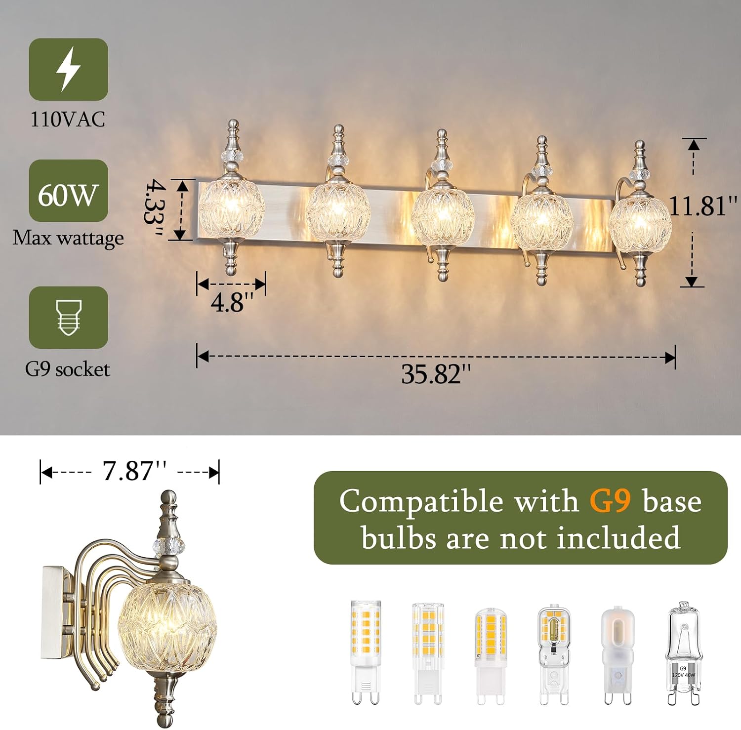 Modern Crystal Bathroom Vanity Lights Fixtures Over Mirror Brushed Nickel Vintage 5-Lights 36 Inch Bathroom Light Fixtures Glass Crystal Vanity Lights