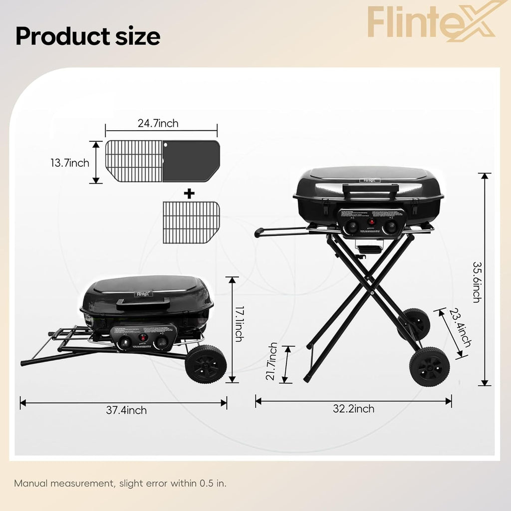 Flintex 2-Burner Portable Propane Gas Grill, Foldable 2-in-1 Camping Propane Grill with Porcelain-Enameled Griddle & Grill Grate for Outdoor Camping Picnics Backyard Cooking, Black