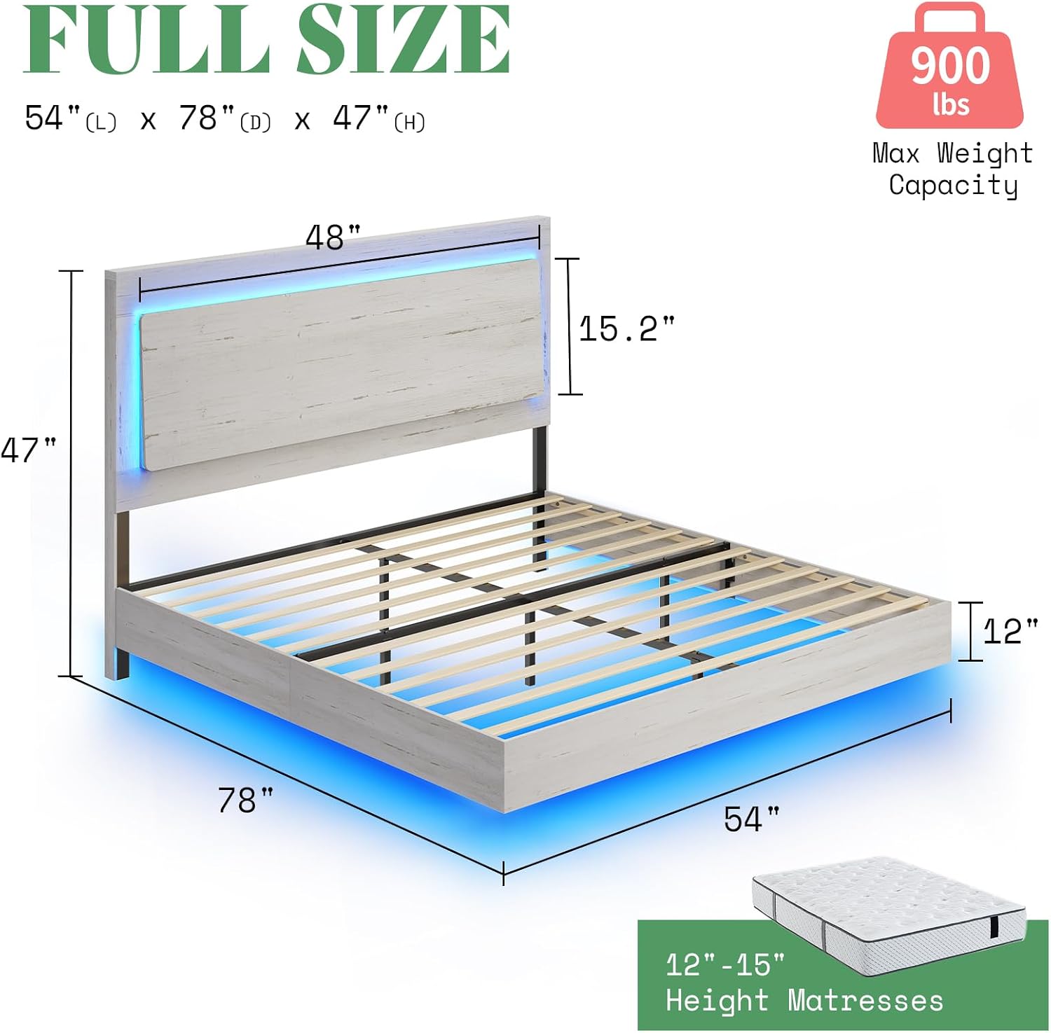 AMERLIFE Full Bed Frame, Farmhouse Floating Bed Frame with Recline Headboard, Platform Bed with LED Light, No Box Spring Needed/Noise Free, Distressed White