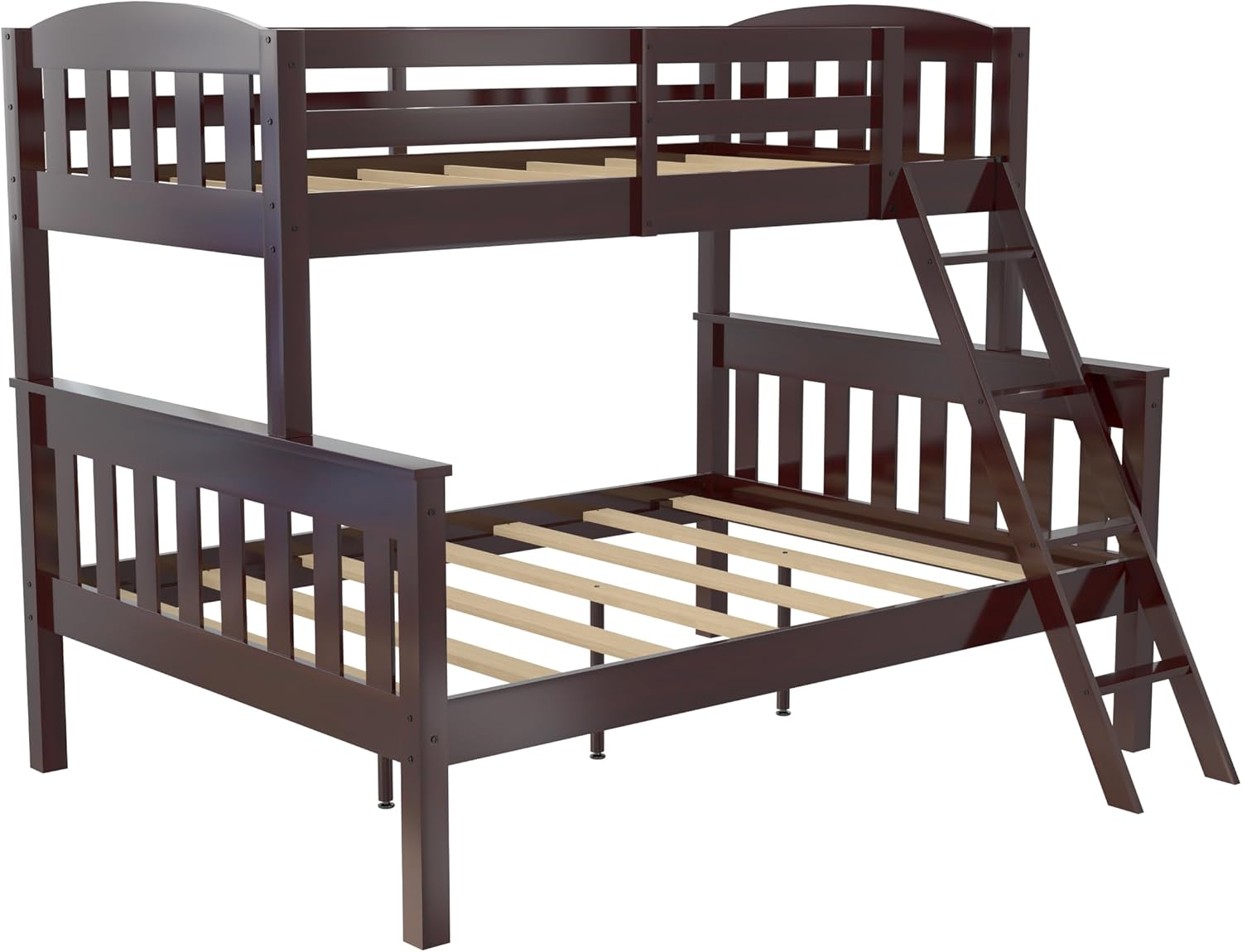 DHP Airlie Convertible Wood Bunk Bed Twin Over Full Size, Stackable and Detachable Bed Frames for Kids, Teens, Angled Ladder, High Guardrail, Wood Slats, No Boxspring Required, Espresso