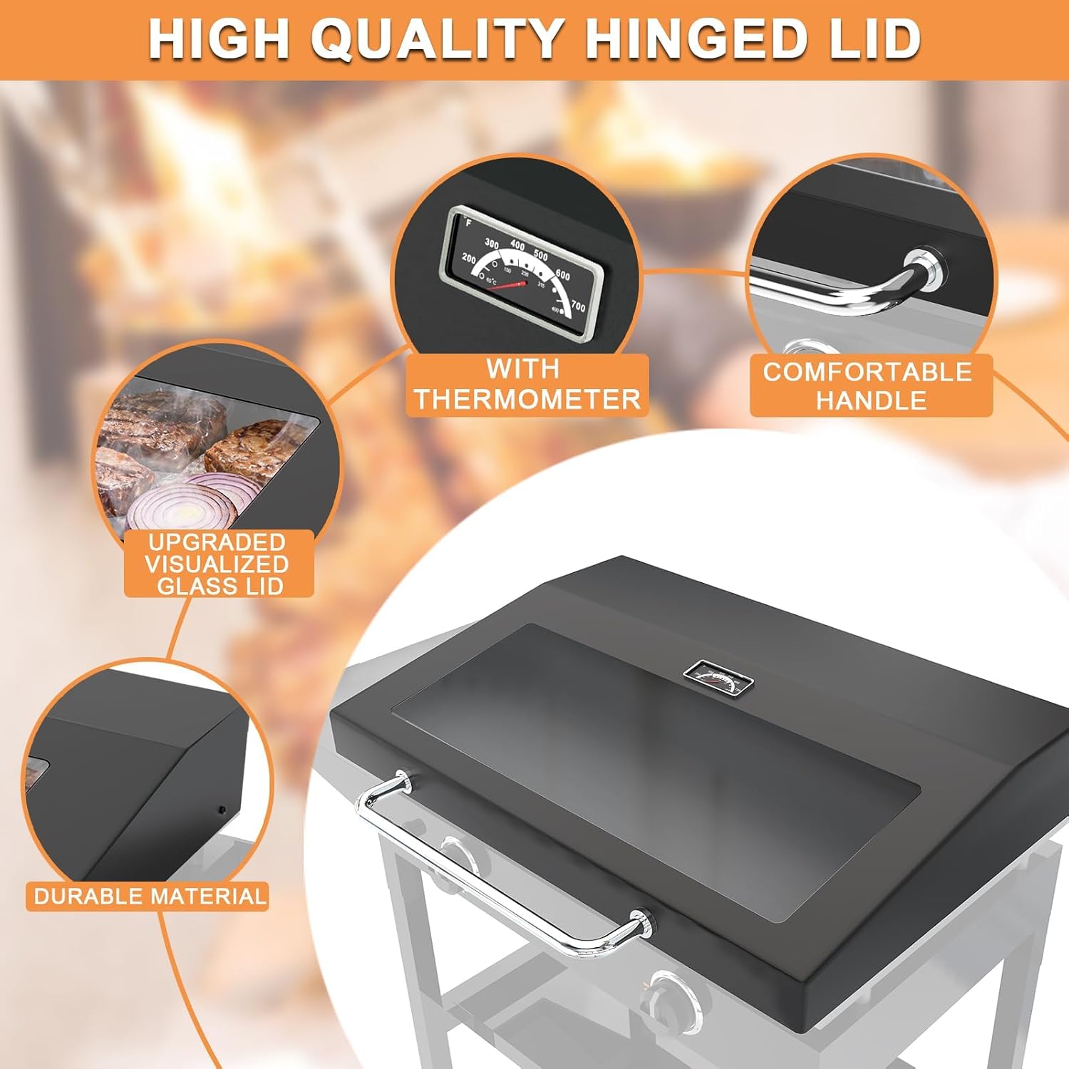Upgrade Hinged Lid for Blackstone 28' Omnivore Griddle Hood,5857 Visualized Tempered Glass Hard Cover for Blackstone Lid 28' Omnivore 2206 1883 1517 2287 etc.Flat Top Griddle Accessories w/Thermometer