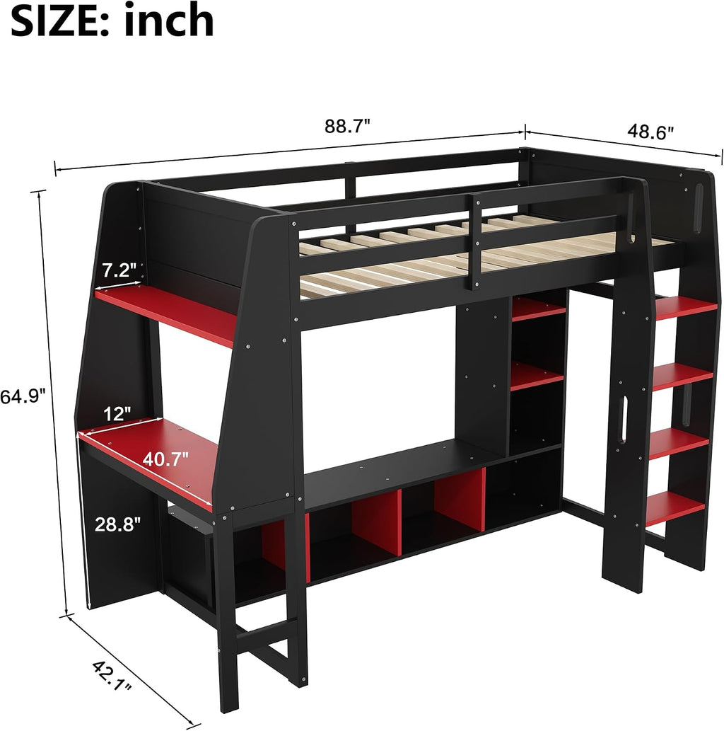 SOFTSEA Twin Size Gaming Loft Bed with Desk, Solid Wood Loft Bed with Wardrobe and Storage Shelves, Gaming Loft Bed Frame with LED Lights for Kids Teens Adults, Black & Red