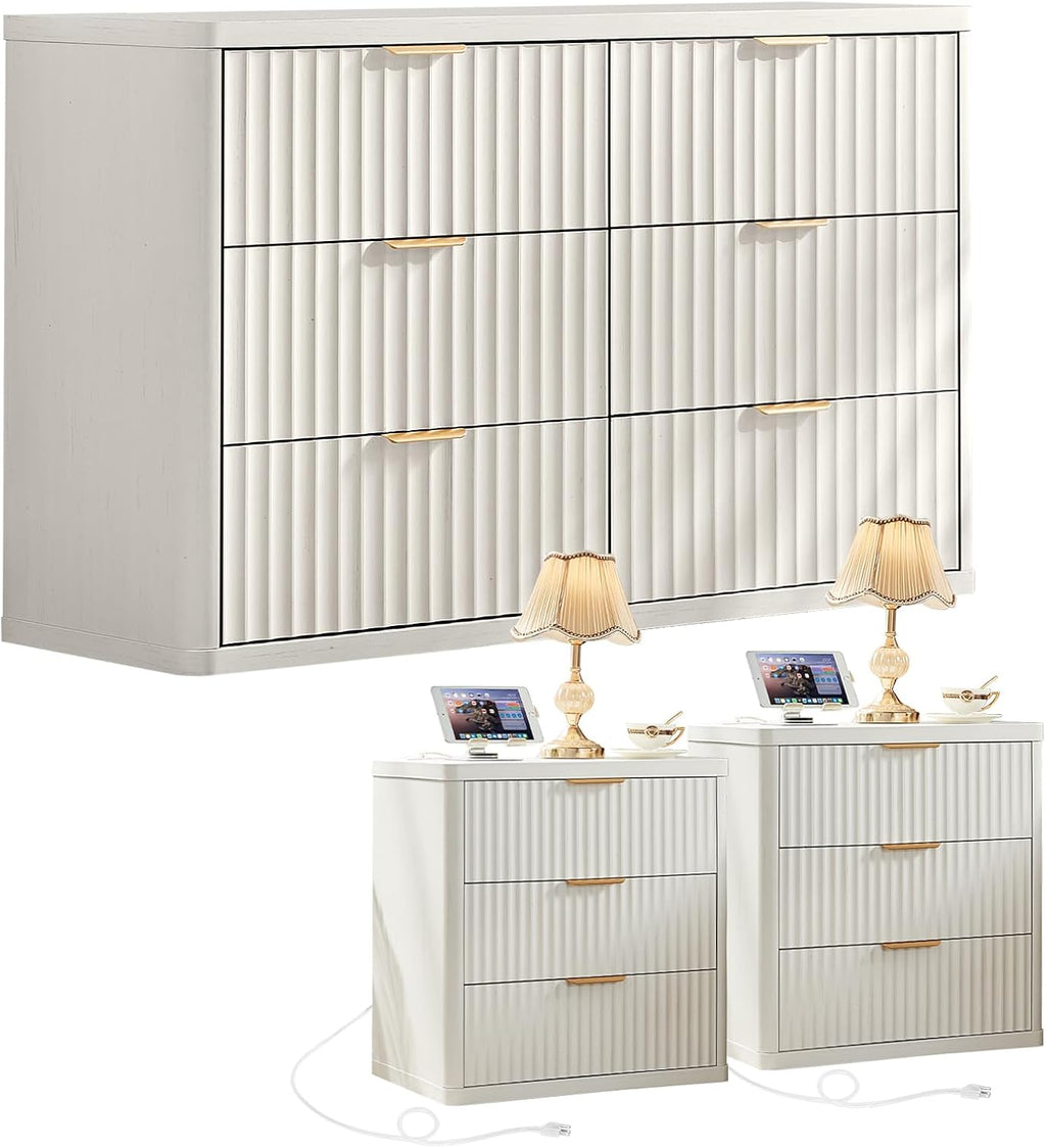 LEYAOYAO Fluted Dresser and 3 Drawers Nightstand Set of 2, Wood 48' Wide Dresser & 23' Night Stand with Charging Station, 3 Piece Bedroom Furniture Set, Chest of Drawers for Living Room,Antique White