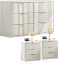 LEYAOYAO Fluted Dresser and 3 Drawers Nightstand Set of 2, Wood 48' Wide Dresser & 23' Night Stand with Charging Station, 3 Piece Bedroom Furniture Set, Chest of Drawers for Living Room,Antique White